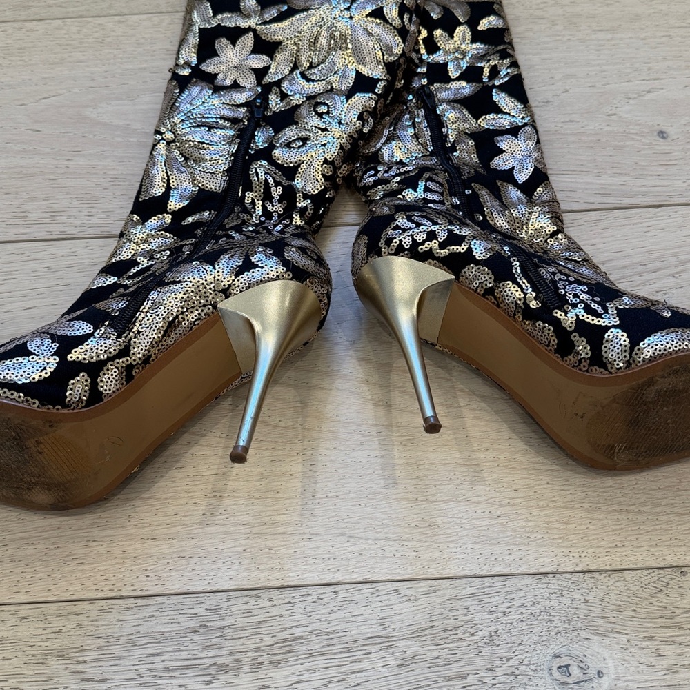 Shoe Republic LA Gold & Black Sequin Over-The-Knee Boots - Picture 6 of 11